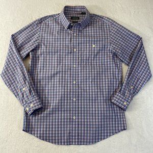 ORVIS MENS SHIRT Medium LS BUTTON UP Blue Orange PLAID CLASSIC FIT wrinkle free